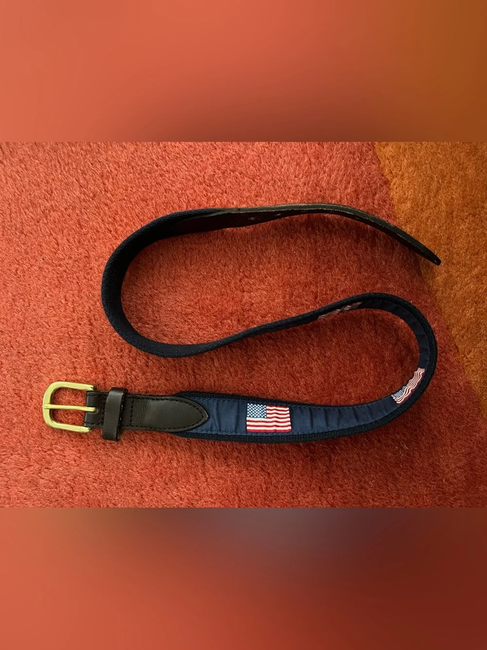 Vineyard Vines Navy Men’s Belt with Brown Leather Trim 28 in American Flag